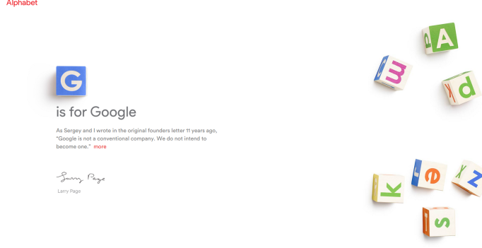 Homepage for Alphabet Inc, Google's new parent company.