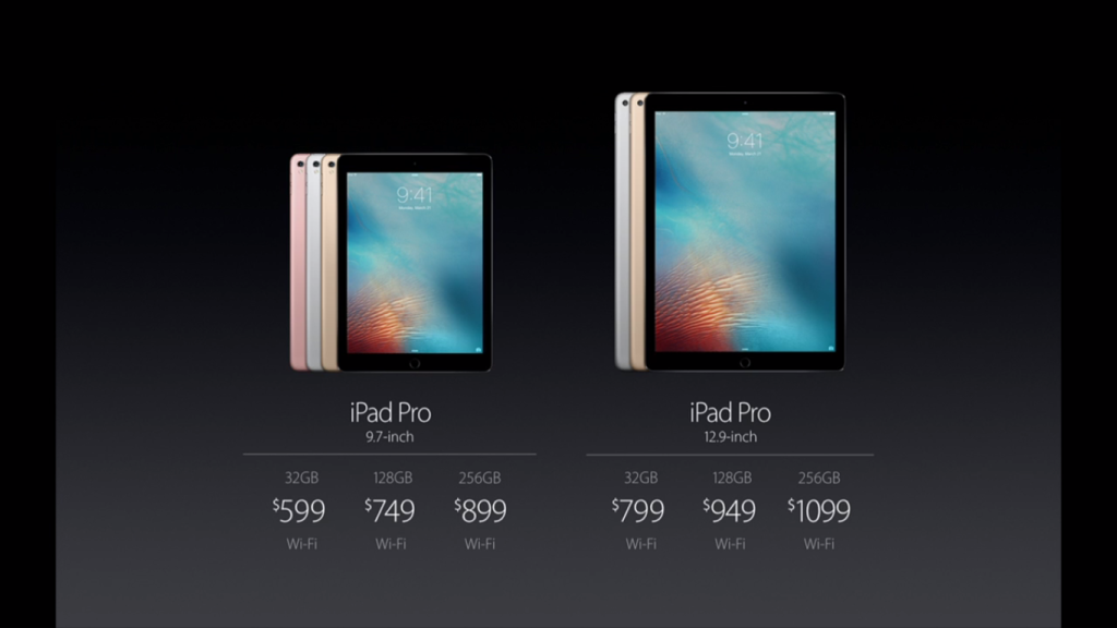 Price Comparison for the iPad Pro models, including the new 256GB model