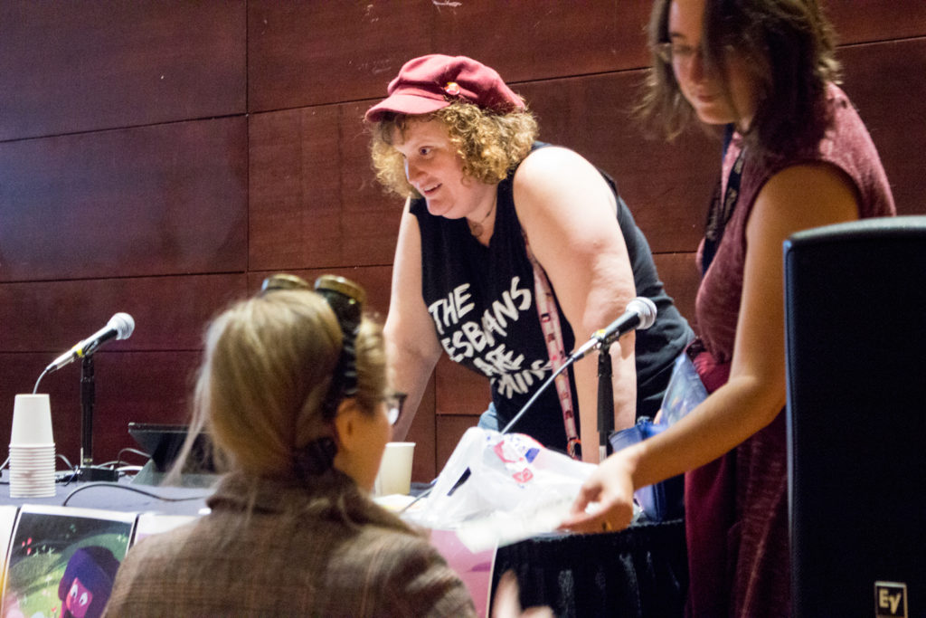 Judith Fisch and Natalie Reichel talk to attendees after their Steven Universe: Gay Space Rocks panel at Zenkaikon 2017. - Photo by Robert Beiler