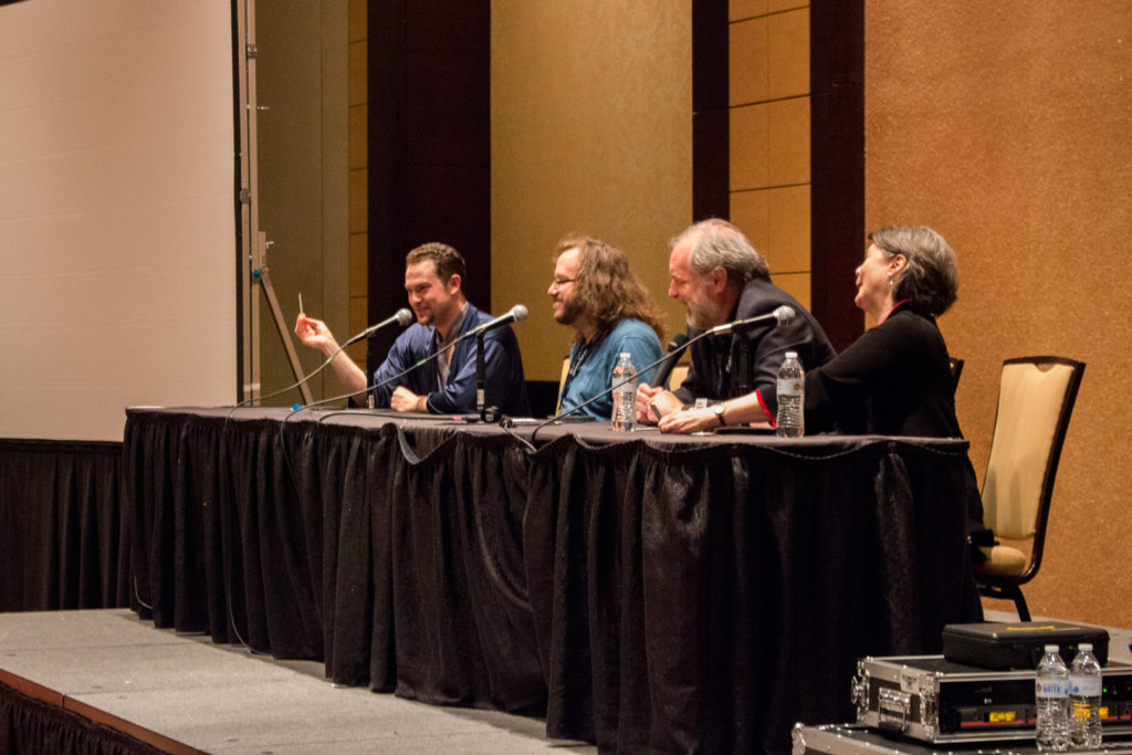 Uncle Yo playing Cards Against Humanity with Keith DeCandido, John Patrick Lowrie, and Ellen McLain. - Zenkaikon 2017 - Photo by Adam Houck